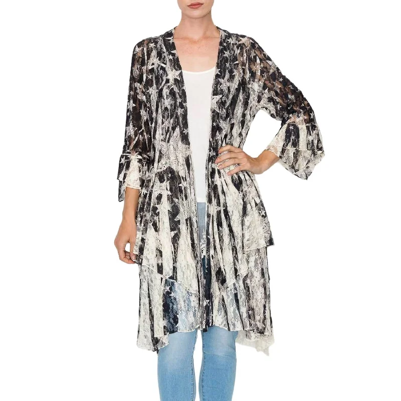 Aurora Star Lace Cardigan In Black/cream Fitted Slim Tailored