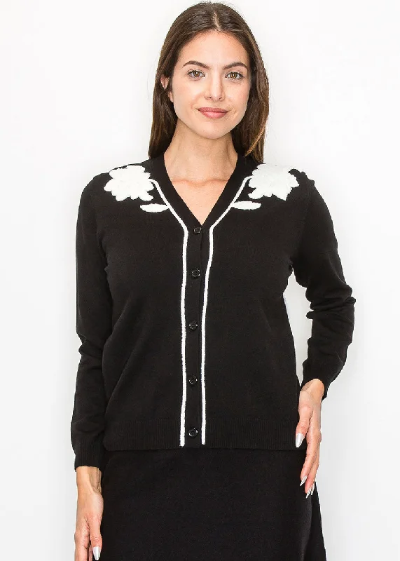 Black and White Floral Embroidered Cardigan Asymmetrical,ymmetric Pencil Cardigan