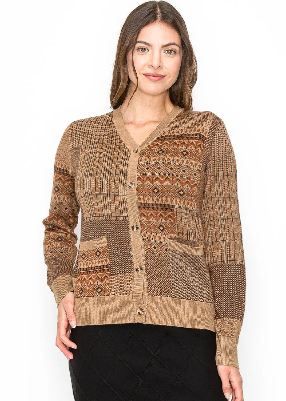 Camel Patchwork Button Cardigan Fleece Fabric Down Fabric Feather Fabric