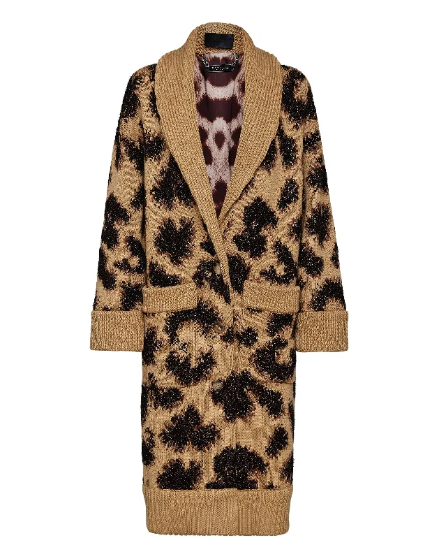 Cardigan Long Jacquard Lurex Leopard Elegant Classic Vintage