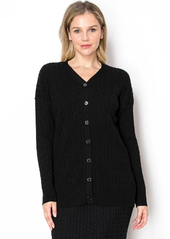 Classic Black Cable Knit Cardigan Chenille Fabric Brocade Fabric Lace Fabric