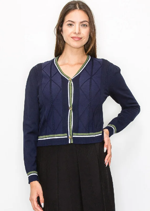 Classic Navy Cable-Knit Cardigan Patchwork Embroidered Appliqued