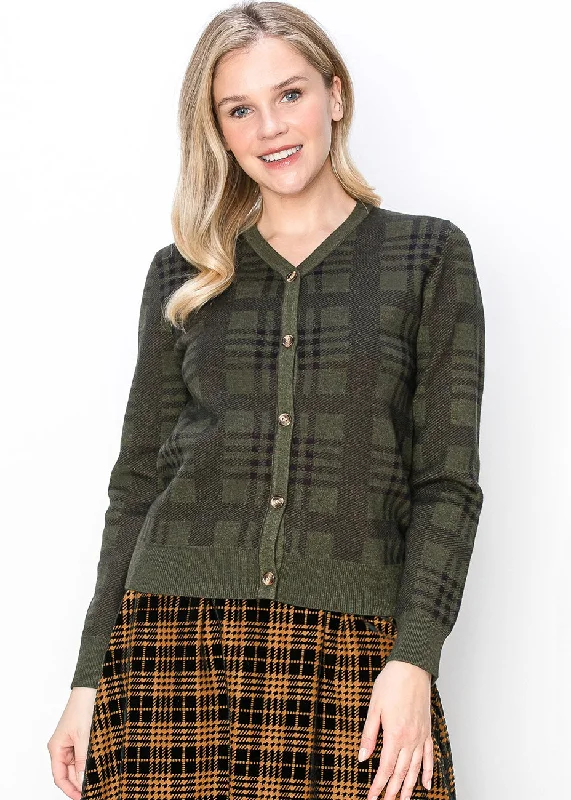 Classic Olive Plaid Cardigan Chenille Brocade Lace
