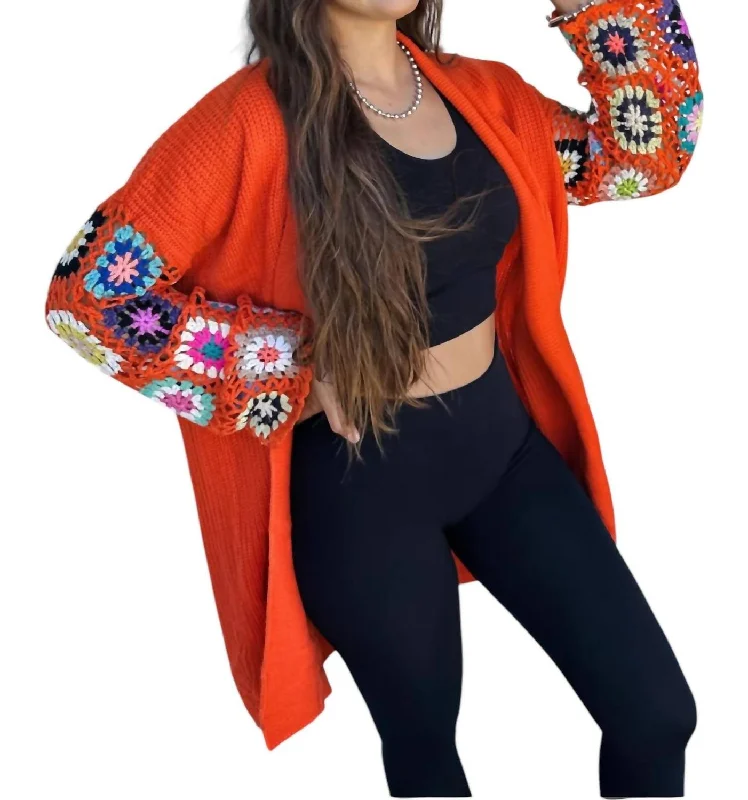 Crochet Sleeve Cardigan In Orange Satin Fabric Silk Fabric Chiffon Fabric