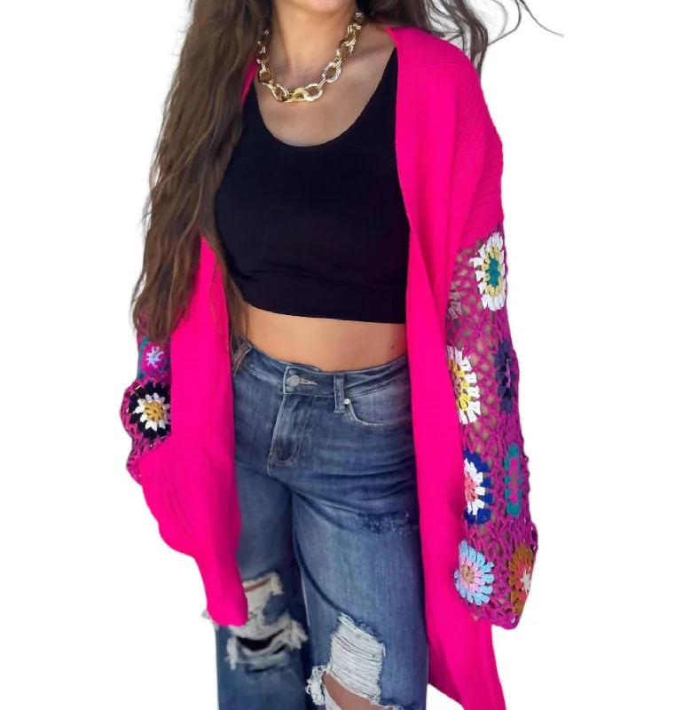 Crochet Sleeve Cardigan In Pink Jersey Fabric Tulle Fabric Batik Fabric