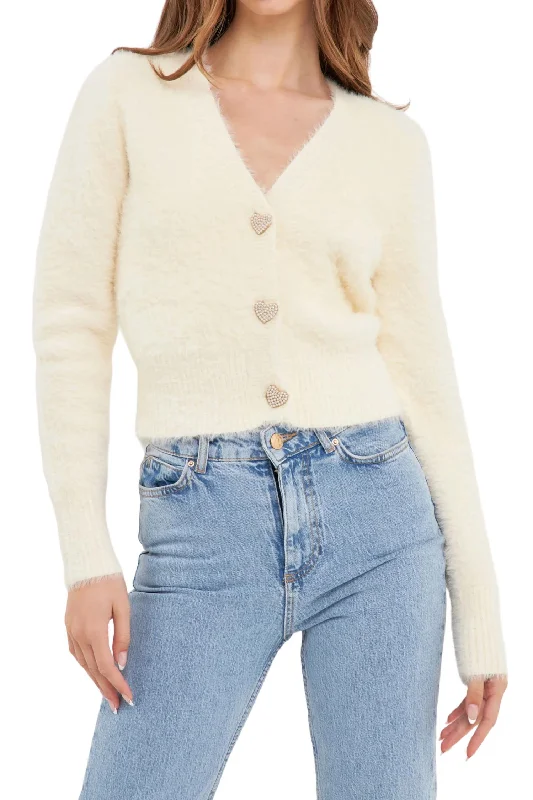 Feathered Plush Heart Buttoned Cardigan In Cream Tailored Straight A-Line