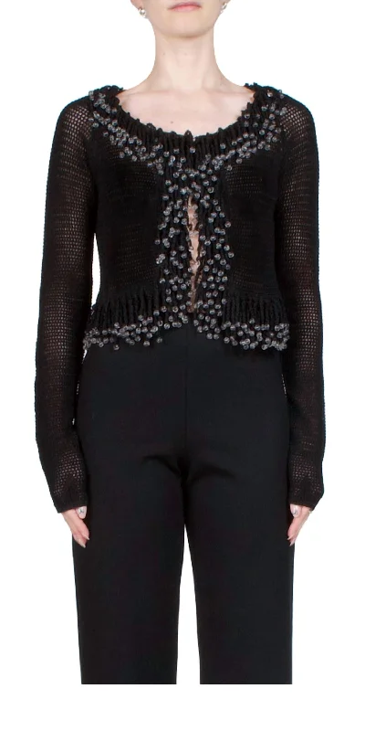 Fringe Cardigan In Black Satin Fabric Silk Fabric Chiffon Fabric