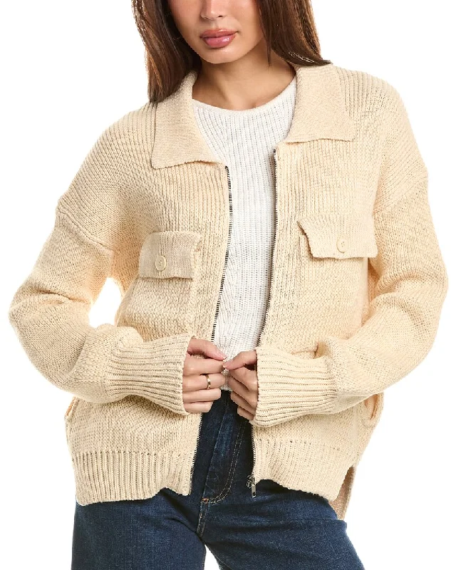 LABIZ Zip Front Cardigan Boat Neck Shawl Collar Notched Collar