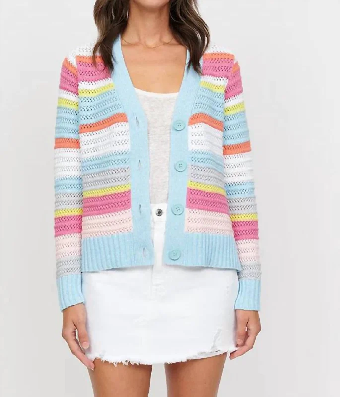 Lauren Textured Stripe Vee Cardigan In Seafoam Multi Lightweight Heavyweight Midweight Lauren Textured Stripe Vee Cardigan In Seafoam Multi Lightweight Heavyweight Midweight