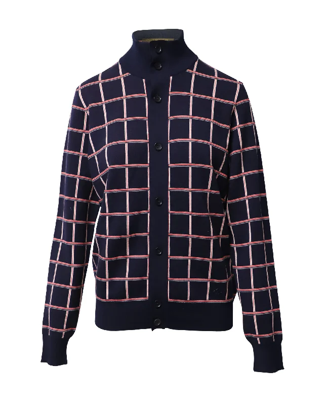 Louis Vuitton Jacquard Windowpane Check Cardigan in Navy Blue Wool Sequined Glittery Shiny Louis Vuitton Jacquard Windowpane Check Cardigan in Navy Blue Wool Sequined Glittery Shiny