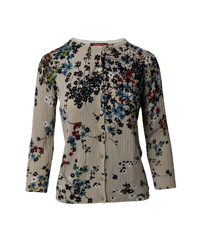 Max Mara Ribbed Floral Cardigan in Beige Viscose Cashmere Blend Cotton Blend Poly Blend Max Mara Ribbed Floral Cardigan in Beige Viscose Cashmere Blend Cotton Blend Poly Blend