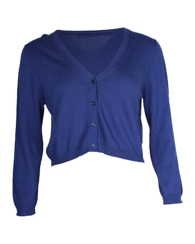 Max Mara Weekend Cropped Cardigan in Blue Viscose Lace Blend Ribbed Blend Corduroy Blend Max Mara Weekend Cropped Cardigan in Blue Viscose Lace Blend Ribbed Blend Corduroy Blend