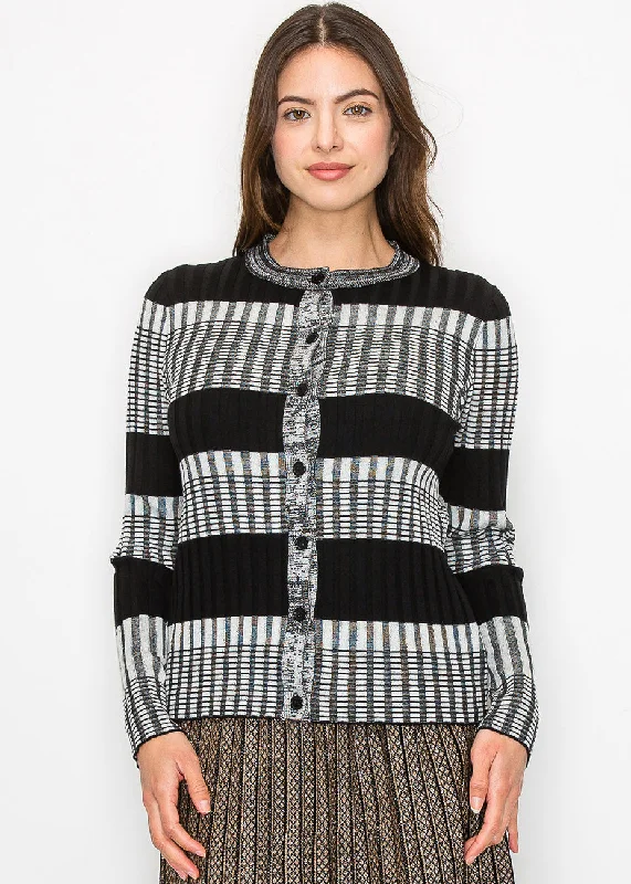 Modern Ribbed Stripe Cardigan Front Pockets Side Pockets Patch Pockets