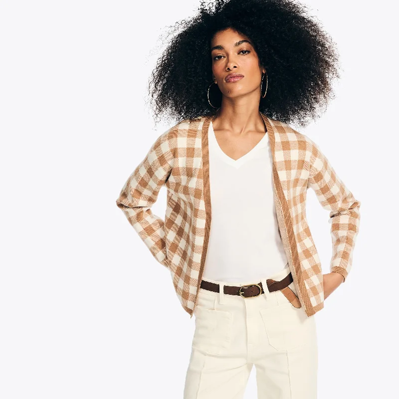 Nautica Womens Gingham Cardigan Cashmere Blend Cotton Blend Poly Blend