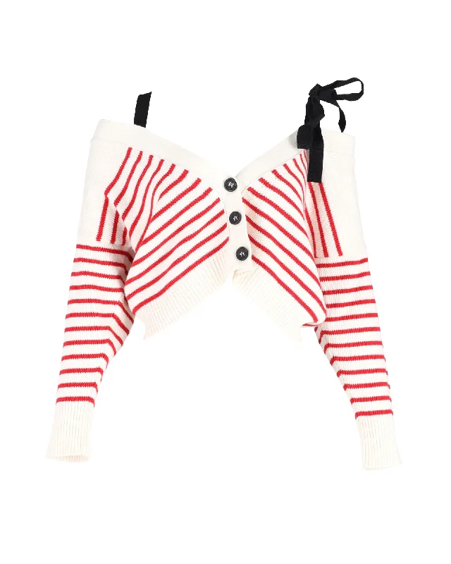 Red Valentino Cropped Knit Cardigan In White Wool Mesh Blend Leather Blend Suede Blend Red Valentino Cropped Knit Cardigan In White Wool Mesh Blend Leather Blend Suede Blend