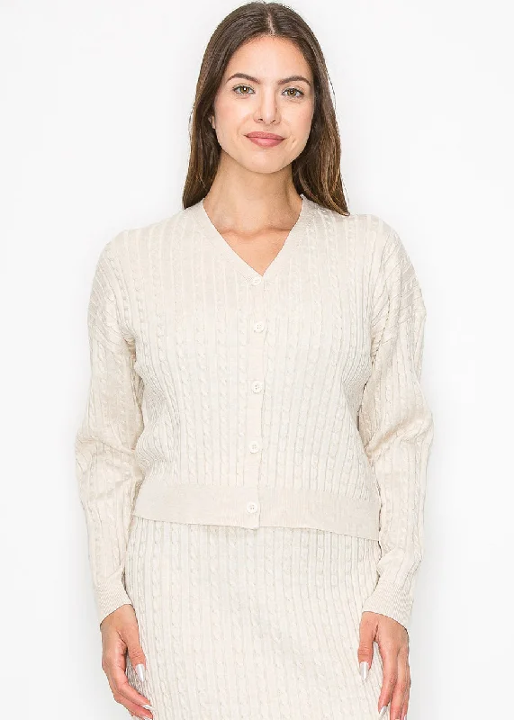 Soft Cream Cable Button Cardigan Fleece Cardigan Nylon Polyester