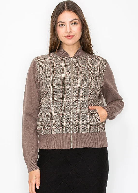 Taupe Plaid Panel Zip-Up Cardigan Wool Cardigan Cotton Cardigan Cashmere Cardigan