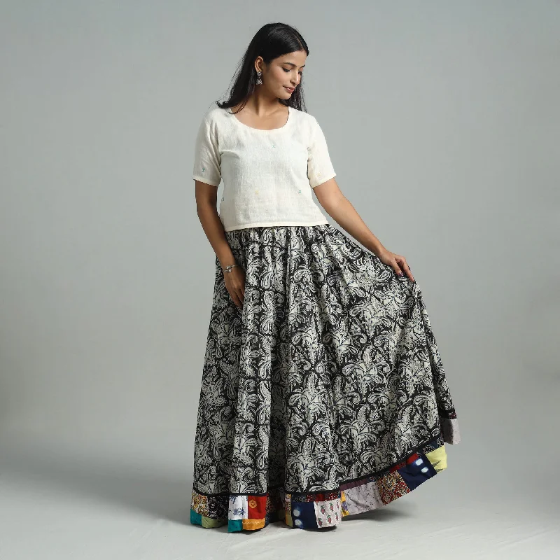 Black - Hand Block Printed Cotton Long Kalamkari Skirt 11 belted skirt waist