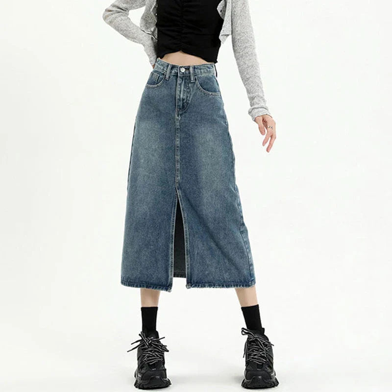 Spring Fall 2024 New High-Waisted Thin Short Skirt Retro Blue Medium-Length Skirt Jeans silk skirt lustrous