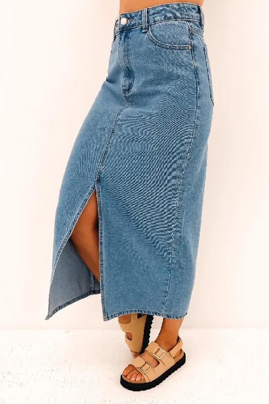 Daisie Denim Midi Skirt Blue silk skirt luxurious