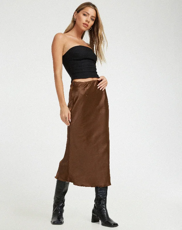 Goya Midi Skirt in Satin Bitter Chocolate denim skirt classic