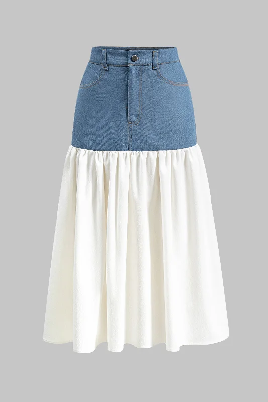 Denim Button Pocket Patchwork Skirt lace skirt delicate
