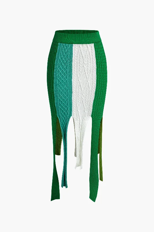Contrast Fringe Hem Knit Midi Skirt wool skirt thick