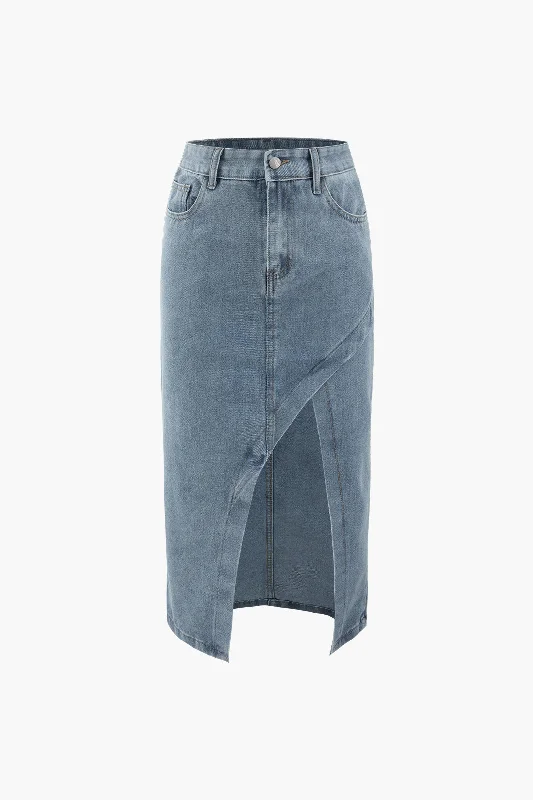 Asymmetric Denim Wrap Slit Skirt wrap skirt elegant