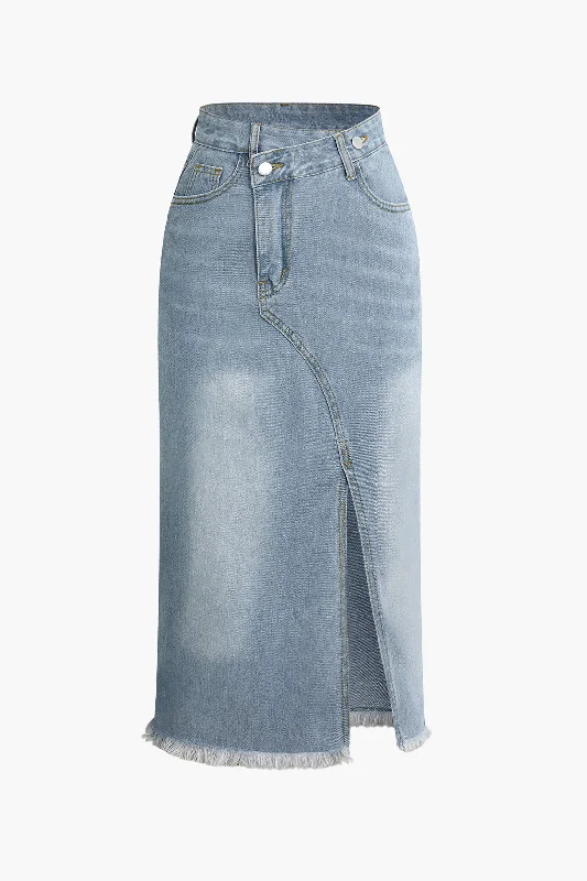 Asymmetrical Frayed Hem Slit Denim Midi Skirt linen skirt light