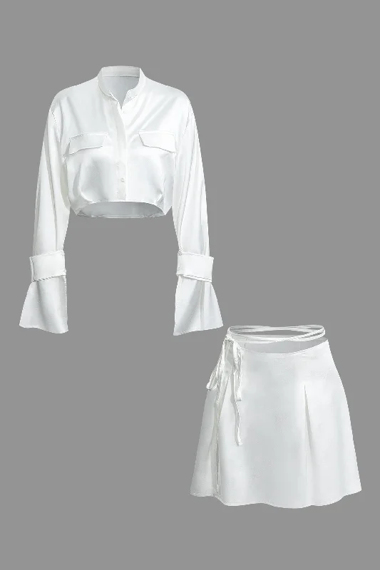 Mock Neck Button Up Bell Sleeve Crop Shirt And Mini Skirt Set velvet skirt luxury