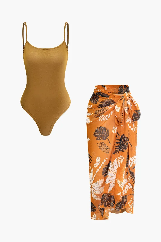 Solid Bodysuit And Leaves Print Knot Wrap Skirt Set wool skirt breathable