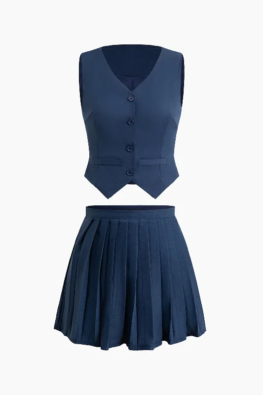 V-neck Vest And Pleated Mini Skirt Set leather skirt refined